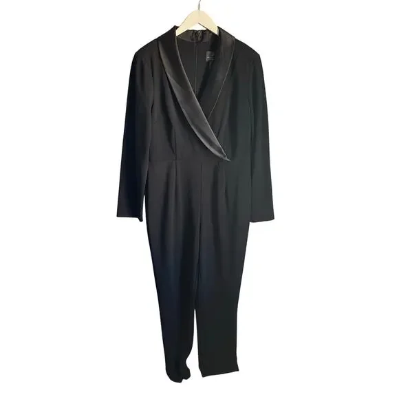 Adrianna Papell Jumpsuit Black Long Sleeve V-neck Cocktail Formal sz 12 Wedding - Picture 3 of 7